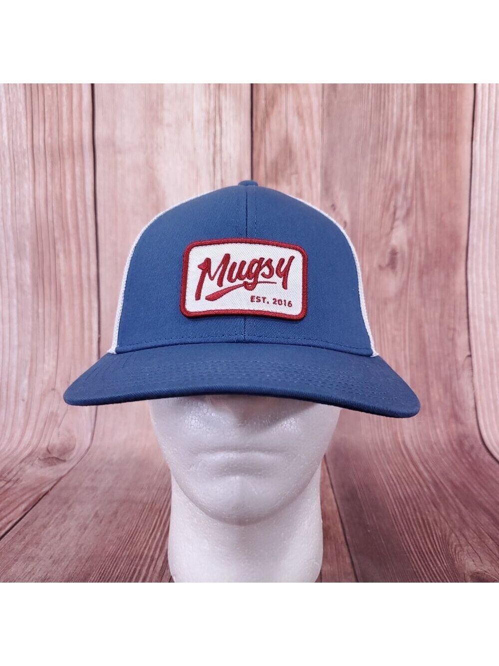 Mugsy Jeans Trucker Snapback Hat Cap Blue White Red Mesh Patch Workwear
